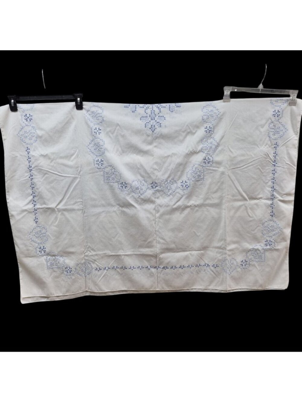 Vintage Hand Embroidered White Tablecloth Blue Cross-Stitch Heart Floral Cotton - Picture 11 of 14
